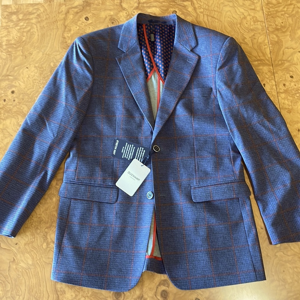 Duchamp London blue purple plaid knit blazer jacket, size 40L, un worn with tags